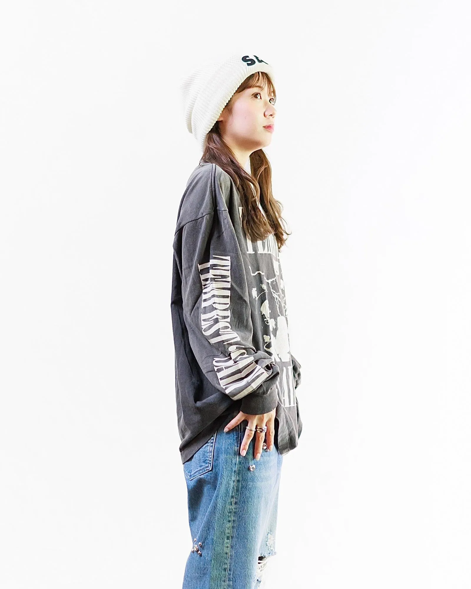 SAINT Mxxxxxx LS TEE/TEMPEST/BLK 'TEMPEST SAINT' Storm Religious Saints Cracked Retro Vulcanized Heavy Wash Long Sleeves Washed Black S-XL Assute Dyeing Multi-bit Horse Fading Craftsmanship Grinding and Hanging Holes Full of Old Feeling Top Printing Craftsmanship Purchasing Level